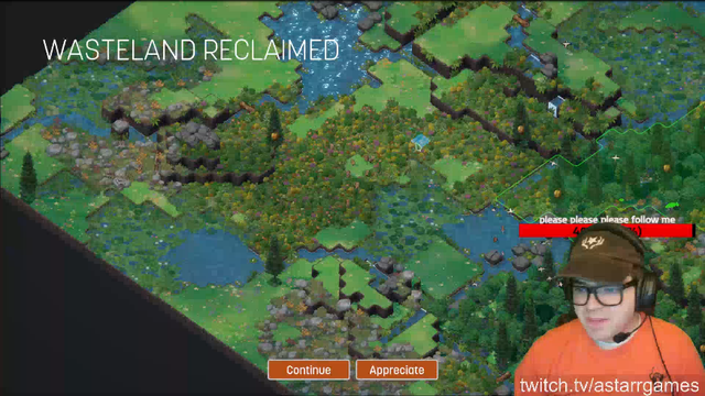 A screen capture of an isometric green landscape with trees, flowers, grass and rocks. The words "WASTELAND RECLAIMED" overlay the screen along with a streamer playing the game.