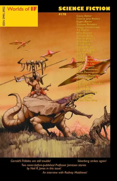 The cover of the Worlds of IF Science Fiction magazine, issue number 178. Cover art features a warrior with a shield and spear atop a dinosaur-like creature battling flying saucers in  a strange, prehistoric world.