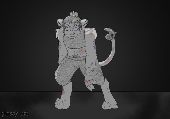Image ID: A digital sketch of Beauregard Lionett as an anthro lioness. She is very beat up and looks to be barely standing, leaning to one side. Despite the bruises she looks forward with fierce determination. End ID.