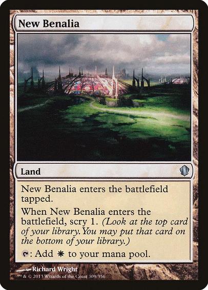 Card Name: New Benalia
Set: Commander 2013
Description: This land enters tapped.
When this land enters, scry 1. (Look at the top card of your library. You may put that card on the bottom.)
{T}: Add {W}.
Artist: Richard Wright