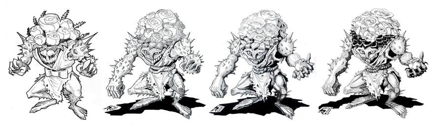 A sequence of multiple sketches depicting the character design evolution of a rose bouquet monster.
