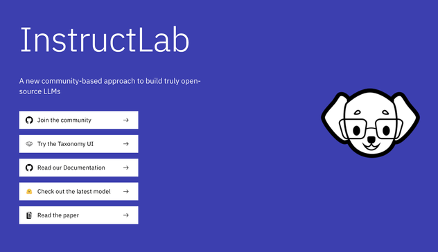 A screenshot of the instructlab.ai webpage, with the InstructLab logo, description "A new community-based approach to build truly open-source LLMs", and links to various resources
