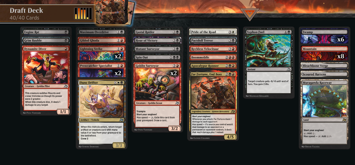 Aetherdrift Bo3 Draft deck

Engine Rats
Grim Bauble
Dynamite Diver
Maximum Overdrive
2x Lightning Strike
Gilded Ghoda
2x Prowcatcher Specialist
Dune Drifter
Gastal Raider
Hour of Victory
Mutant Surveyor
Spin Out
2x Goblin Surveyor
Pride of the Road
Pactdoll Terror
Reckless Velocitaur
Boommobile
Far Fortune, End Boss
Apocalypse Runner
Syphon Fuel

6 Swamp
8 Mountain
1 Bleachbone Verge
1 Scoured Barrens
1 Muraganda Raceway