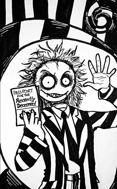 Ilustración en tinta negra y papel del personaje Beetlejuice de la película de Tim Burton.