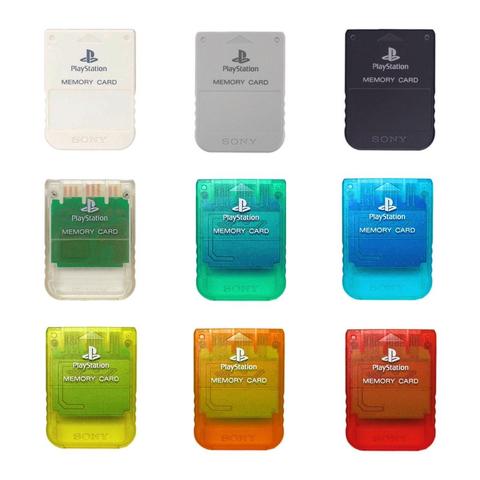 Image shows 9 PlayStation memory cards in various colors. White, gray, black and a series of transparent plastic shells also
