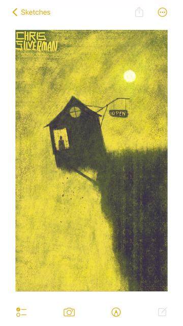 A sheer cliff. Built on the very edge, to the point that it is hanging off the edge, is a small, rickety house. It is leading over the emptiness at an ominous angle, propped up by one board against the side of the cliff. Hanging in front of the house, suspended from a long, slapdash signpost, is a small sign that just says "Open". In the back of the house is a window, in which a person is standing. There is another small window under the roof peak. The sky is filled with yellow clouds. A blazing white sun sits in the top right. The painting is signed "Chris Silverman".