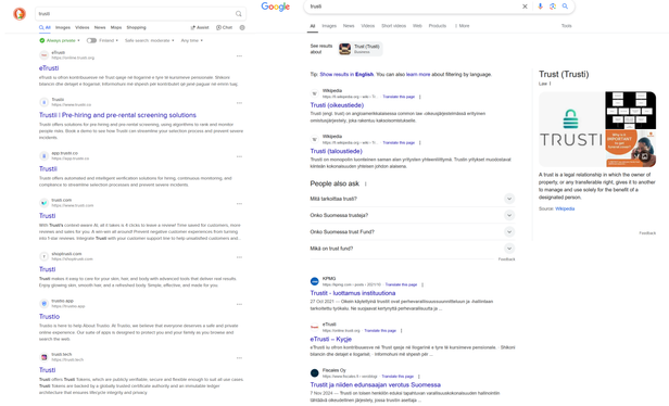 "Trusti", hakutulokset DDG ja Google. 