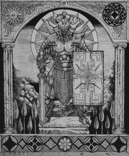 A minotaur-like cyborg with roman inspired armor and weapons. Standing ground like a statue, beneath him are spears surrounding the background. The overall aesthetic is roman inspired