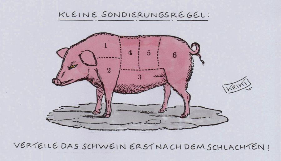 Karikatur: Kleine Sondierungsregel: Verteile das Schwein erst nach dem Schlachten. Die Grafik dazu zeigt ein Schwein, das mittels gestrichelter Linien in sechs Teile aufgeteilt ist. 