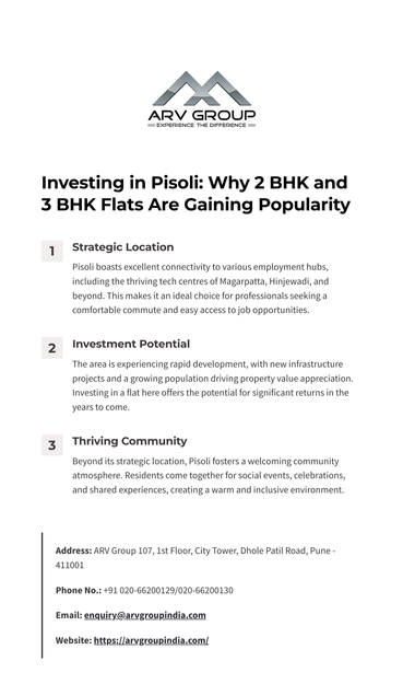 Looking to invest in 2 BHK and 3 BHK flats in Pisoli? ARV New Town offers premium homes in a rapidly growing residential hub. Pisoli is emerging as a preferred destination due to its affordability, excellent connectivity to IT hubs, and modern infrastructure. With easy access to schools, hospitals, and shopping centers, it’s an ideal choice for families and professionals. Whether you're a first-time homebuyer or an investor, Pisoli offers great returns on investment. Explore ARV New Town and find your dream home in one of Pune’s fastest-growing locations today!