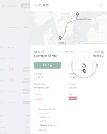 The copy feature button can be found when opening the trip details.