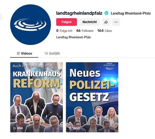 Screenshot @landtagrheinandpfalz-Account auf Tik Tok.
Verifiziert. 

Logo des Landtages im Profilbild. 
Man sieht Thumbnails ser ersten beiden Videos. 