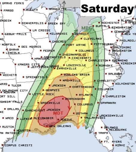 Saturday storm threat for the southern united states. 
A powerful storm system will support widespread damaging winds, strong tornadoes and large hail from Friday through Saturday night. 