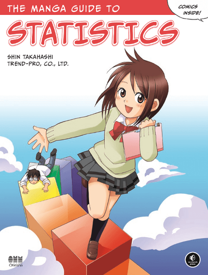 Book cover: a typical manga high-school girl smiling, holding a book and climbing stairs that seem to be a histogram. 
