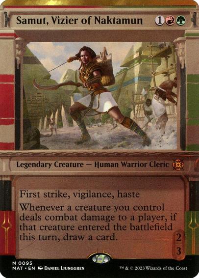Card Name: Samut, Vizier of Naktamun
Set: March of the Machine: The Aftermath
Description: First strike, vigilance, haste
Whenever a creature you control deals combat damage to a player, if that creature entered this turn, draw a card.
Artist: Daniel Ljunggren