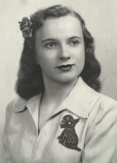 Black and white photo of a young woman in the mid to late 1940’s