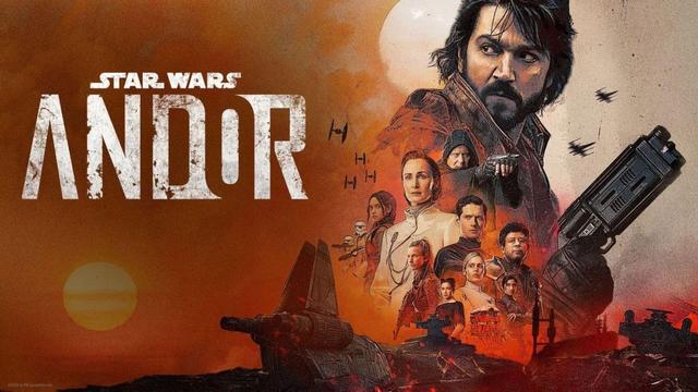 Poster de la première saison de Andor.
Texte : Star Wars Andor
Le personnage principal occupe la moitié droite de l'image, d'un côté celle-ci est orange à gauche et de l'autre elle tend plus vers le blanc.
On y voit aussi différents protagonistes : 
Luthen Rael, Bix Caleen, Mon Mothma, Siryl Karn, Saw Gerrera, Vel Sartha, Dedra Meero, Cinta Kaz, Kleya Marki et B2EMO
On peut apercevoir différents vaisseaux dont des TIE Fighters à gauche de Cassian et des X-Wings à sa droite.