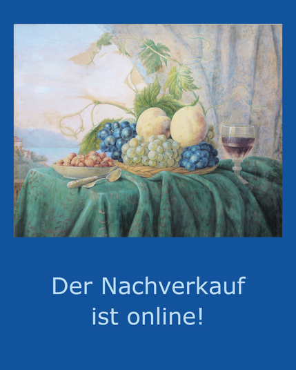 Stillleben mit Früchten und Weinglas, im Hintergrund Seenlandschaft.