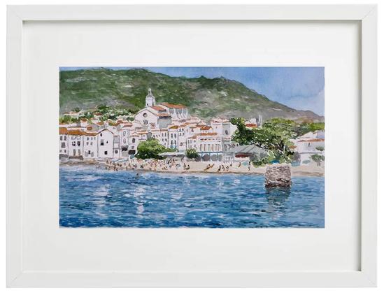 Cuadro en acuarela de un paisaje de Cadaqués del pintor Rubén de Luis