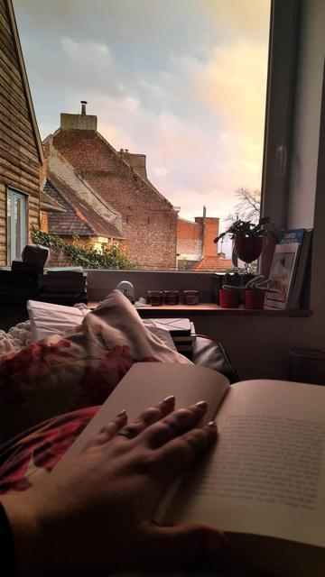 Vue à la première personne, une main posée sur un livre face à une fenêtre qui donne sur un ciel bleu. Impression de douceur!