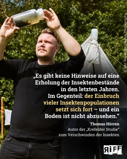 Ein Mensch steht mit einer Glasflasche voller Insekten in einer Wiese. „Es gibt keine Hinweise auf eine Erholung der Insektenbestände in den letzten Jahren. Im Gegenteil: der Einbruch vieler Insektenpopulationen setzt sich fort – und ein Boden ist