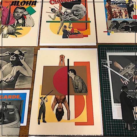 Journée à l'atelier, série de travail en cours ... vue de l'espace bureau avec des extraits d’œuvres de collages papiers sur papier, personnage et graphisme.