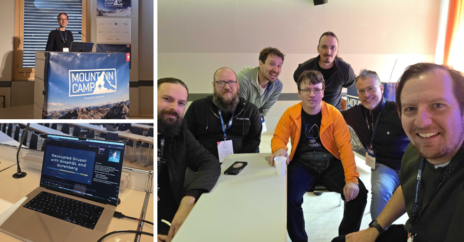 Collage of group of attendees, speaker at the podium and slide deck open on laptop.