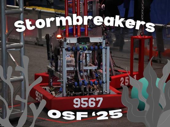 A graphic featuring the Stormbreakers robot. Text reads: Stormbreakers OSF '25