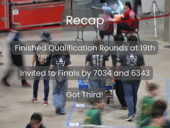 A graphic with an image of the Stormbreaker drive team and robot taxiing to the field. Text reads: 
Recap
Finished Qualification Rounds at 19th
Invited to Finals by 7034 and 6343
Got Third!