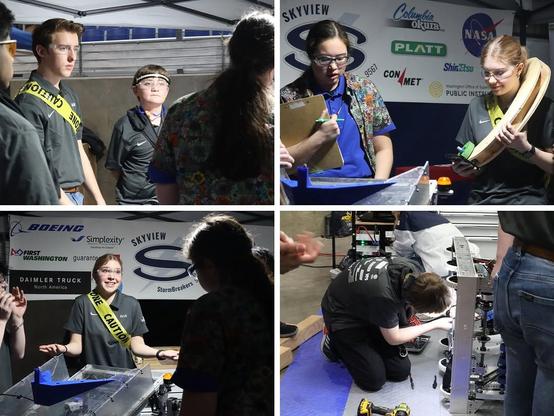 A photo collage of students working on the Stormbreakers robot