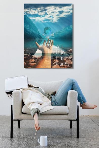 Spiritual art with a mountain scene with a lake and the moon and a hand extended toward the moon.  It reads "All Is In His Hands" by artist Sharon Cummings.