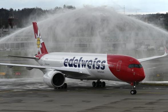 Edelweiss Air A350-941 MSN 0363 water salute on first landing at Zurich