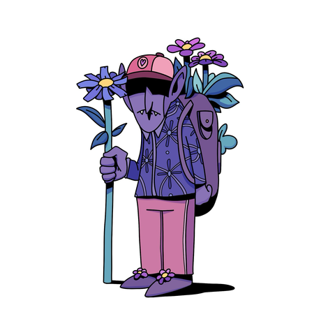 A grumpy goblin is handling a large flower. His backpack is also full of flowers. The image is in an illustrative style, drawn by the artist LSNR.