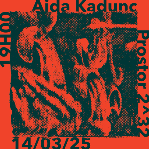 [SLO] Promocijska grafika za razstavo »Čutna mreža« Ajde Kadunc v Prostoru 2^32. Oranžno-zelena podoba z osnovnimi informacijami o razstavi. [ENG] Promotional graphic for the exhibition “Feel Grid” by Ajda Kadunc at 2^32 Space. An orange-green image with key exhibition details.