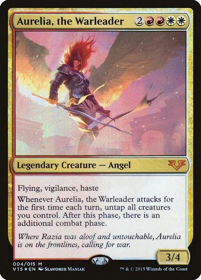 Card Name: Aurelia, the Warleader
Set: From the Vault: Angels
Description: Flying, vigilance, haste
Whenever Aurelia attacks for the first time each turn, untap all creatures you control. After this phase, there is an additional combat phase.
Artist: Slawomir Maniak