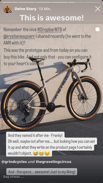 Instagram Story Screenshot with the new DropbarMTB custom configurable by the Polish Brand Grind Cycles.