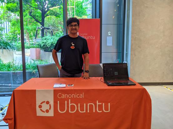 Me (Soumyadeep) after setting up the booth at early morning