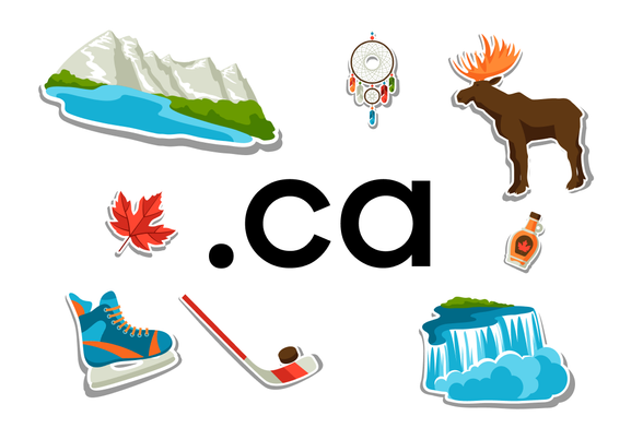 The image prominently features the “.ca” domain in bold black text at the center, surrounded by various Canadian-themed icons in a sticker-style design.