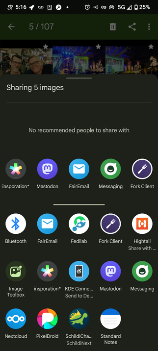 Screenshot of Android phone showing icons of apps available for sharing photos