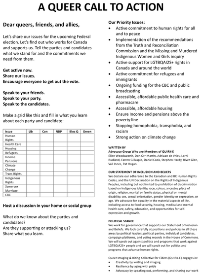 [Canada] This QuIRK-E call to action posted by by a colleague / friend was pulled by FB; reposting here (image of pdf)

Read more on their website.
https://quirk-e.ca/category/advocacy/
https://www.facebook.com/groups/1489855141255999

Days after fascist Trump signed transgenocidal executive order: 

 Poilievre says he's 'not aware' of more than two genders, has other priorities 
https://www.thecanadianpressnews.ca/politics/poilievre-not-aware-of-more-than-two-genders-says-there-are-other-priorities/article_22c7e4a8-7438-53fa-88a3-c85e682953e5.html

#CanPol #Poilievre #conservatism #protofascism #antiLGBT #transgenocide #Trumpism #CooperateForCanada #GOTV #vote
