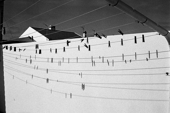 A black and white photograph features multiple clotheslines with clothespins clipped onto them, casting long shadows on a white wall. The strong sunlight creates a striking contrast between the dark clothespins and their elongated shadows. In the background, rooftops with antennas are visible.