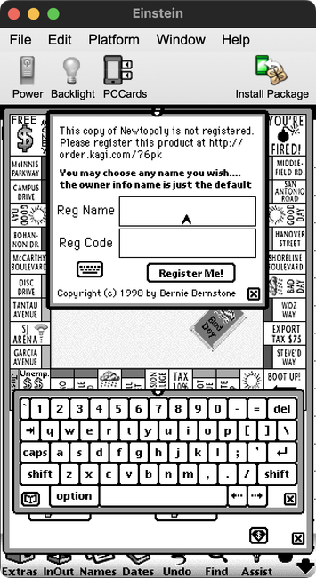 The game Newtopoly running in the Apple Newton emulator Einstein.