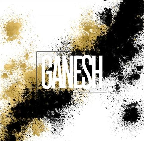 The album art work for the single, Ganesh by Jenica Lake and AK Francis. Art work is an abstract of black and gold on a white background with the word Ganesh in white.