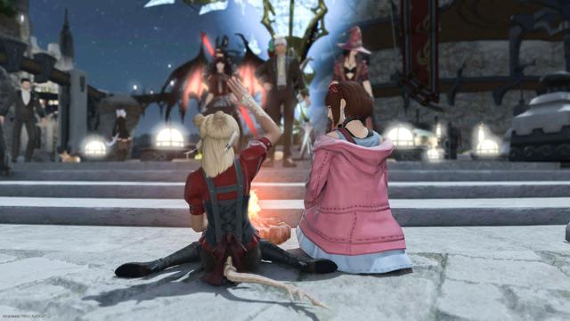 Two friends sitting on the ground, in front of them a small fire, enjoying the band of bards playing music for the people of Limsa.