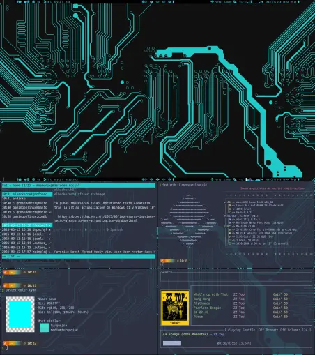 Imagen de una pantalla de ordenador mostrando un escritorio con un tema de circuito impreso en color turquesa sobre fondo negro. Se ven varias ventanas abiertas con texto en español, incluyendo información del sistema, un chat o terminal con mensajes y una lista de reproducción de música de ZZ Top.  Hay información técnica sobre el sistema operativo.