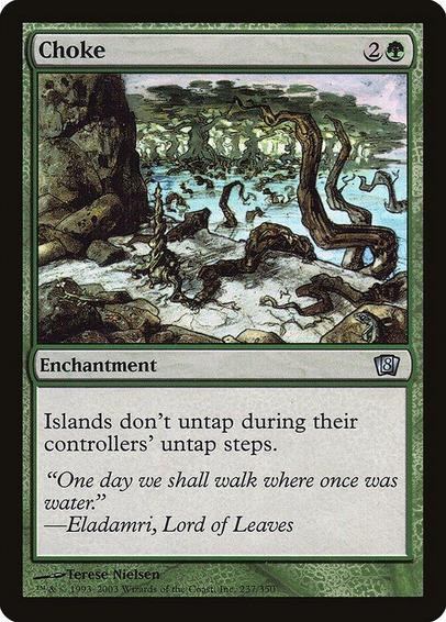Card Name: Choke
Set: Eighth Edition
Description: Islands don't untap during their controllers' untap steps.
Artist: Terese Nielsen