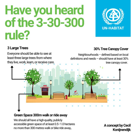 The 3+30+300 Principle: A Blueprint for Greener, Healthier Cities 🌳

Imagine stepping outside your home and seeing three large trees. Walking through your neighbourhood, 30% of the space is covered by a lush canopy. And within just 300 metres, a high-quality green space awaits.

This is the 3+30+300 Principle - a simple yet powerful framework for building healthier, climate-resilient, and more liveable cities.

Developed by urban forestry expert Cecil Konijnendijk, this principle is backed by research and already shaping urban policies worldwide. 

🌍 Why does 3+30+300 matter? The benefits of urban trees and green spaces are profound:

✅ Mental health & well-being: Just seeing trees can reduce stress and improve focus.
✅ Climate resilience: Tree canopy helps cool cities and absorb stormwater.
✅ Social equity: Ensures all communities - not just the wealthiest - have access to nature.
✅ Biodiversity: Supports urban wildlife and ecological balance.
