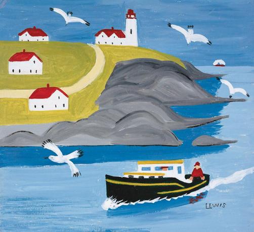 Houses and a lighthouse on a hill and a boat sailing.