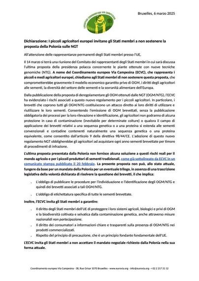  (IT) 🇪🇺🚜🧑‍🌾 ECVC - Dichiarazione - 6 Marzo 2025 
📢🌾 I piccoli agricoltori europei invitano gli Stati membri a non sostenere la proposta della Polonia sulle NGT 🧬

(EN) 🇪🇺🚜🧑‍🌾 ECVC - Statement - 6 March 2025 
📢🌾 European small-scale farmers call on Member States to not support Poland’s proposal on NGTs 🧬

➡️ https://www.eurovia.org/news/statement-european-small-scale-farmers-call-on-member-states-to-not-support-polands-proposal-on-ngts

#StopGMO #NGT #NewGenomicTechniques #GMO

#StopGMO #NGT #NewGenomicTechniques #GMO