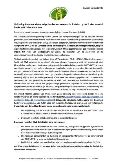  (NL) 🇪🇺🚜🧑‍🌾 ECVC - Verklaring - 6 Maart 2025 
📢🌾 Europese kleinschalige landbouwers roepen de lidstaten op het Poolse voorstel inzake NGT's niet te steunen 🧬

(EN) 🇪🇺🚜🧑‍🌾 ECVC - Statement - 6 March 2025 
📢🌾 European small-scale farmers call on Member States to not support Poland’s proposal on NGTs 🧬

➡️ https://www.eurovia.org/news/statement-european-small-scale-farmers-call-on-member-states-to-not-support-polands-proposal-on-ngts

#StopGMO #NGT #NewGenomicTechniques #GMO

